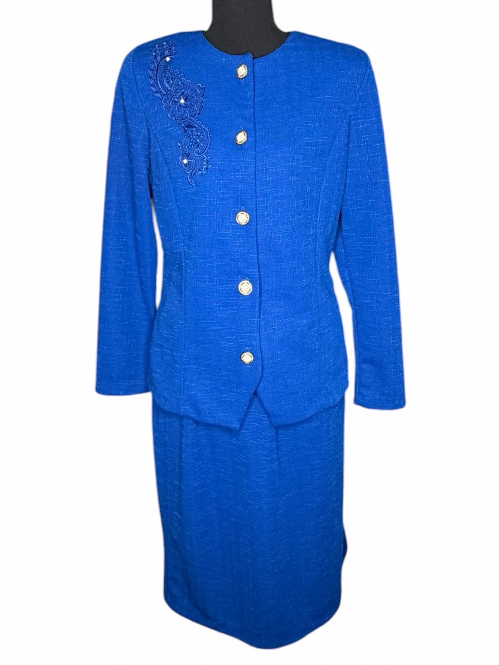 Pablo Collection 90s Vtg Blue Skirt Suit Pearl Embroidered Power Suit Sz 12